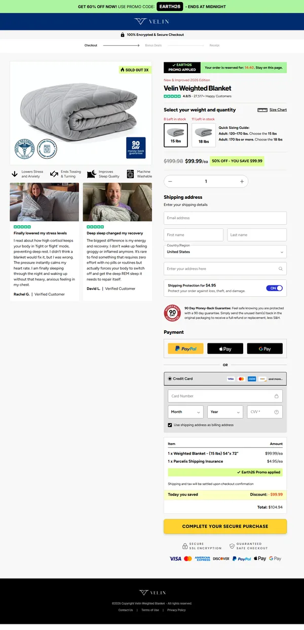 Full-length screenshot of the official Velin Weighted Blanket checkout page from the promo banner to the footer, showing weight selection, quantity, shipping fields, payment options and the order summary