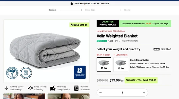 Screenshot of the official Velin Weighted Blanket checkout page showing weight selection, quantity and pricing